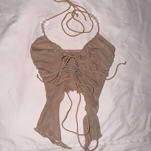 Ruched Halter Tie-Front Women's Top in Taupe